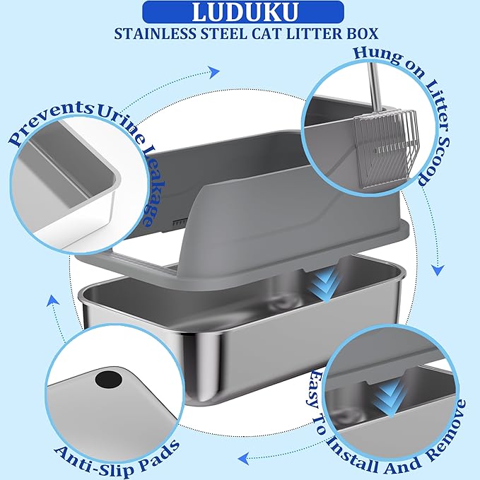 2 Pack Stainless Steel Cat Litter Box with Lid Enclosed Sides Extra Large Matel Litter Box for Big Cats XL Steel Litter Pan for Multiple Cats with Cat Litter Scoop Easy Cleaning