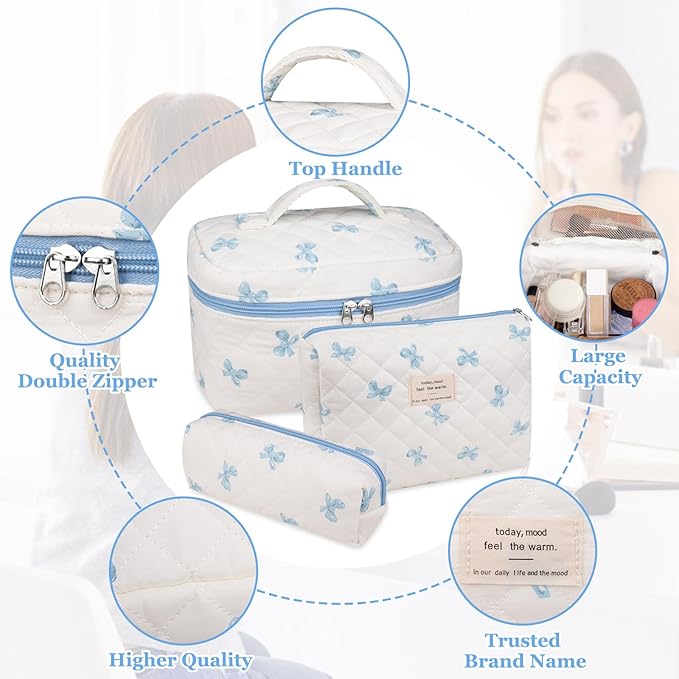 3PC Makeup Bag Set, Quilted Makeup Bag, Large Floral Cosmetic Bag for Women, Cute Cotton Makeup Bags, Flower Travel Toiletry Organizer Bag (White and Blue Bow)