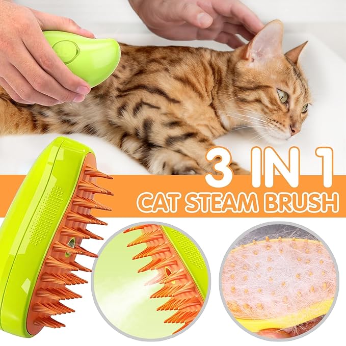 3in1 Steam Grooming Tool: Shedding Massager, Hair Removal Comb for Cats and Dogs, Green