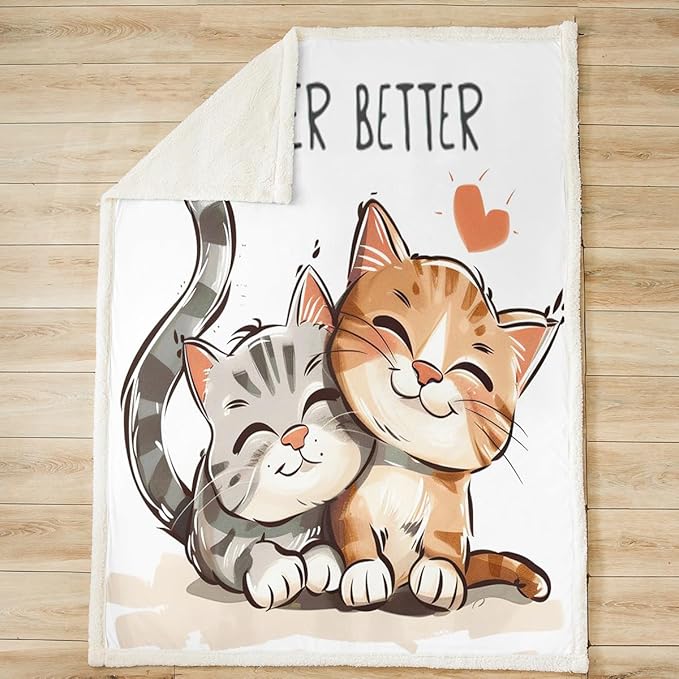 Two Little Cats Fleece Throw Blanket Cute Cat Sherpa Blanket for Sofa Couch Bed Cartoon Pet Plush Blanket Lovely Animals Fuzzy Blanket White Bedroom Decor Twin 60"x80"