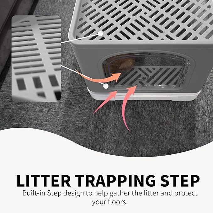 All for Paws Foldable Cat Litter Box Mess Proof Enclosed Litter Box for Large Cats Top Entry, Cat Toilet 2 Ways Out with Handy Litter Scoop, Hold Cats Under 20LBS (Grey)
