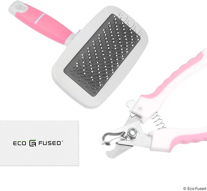 Eco-Fused Slicker Brush and Nail Clippers for Dogs, Cats and Other Pets - Essential Animal Grooming/Claw Care Tools - Ideal Trimmers to Clip Thick Nails (Pet Brush + Clipper Bundle)
