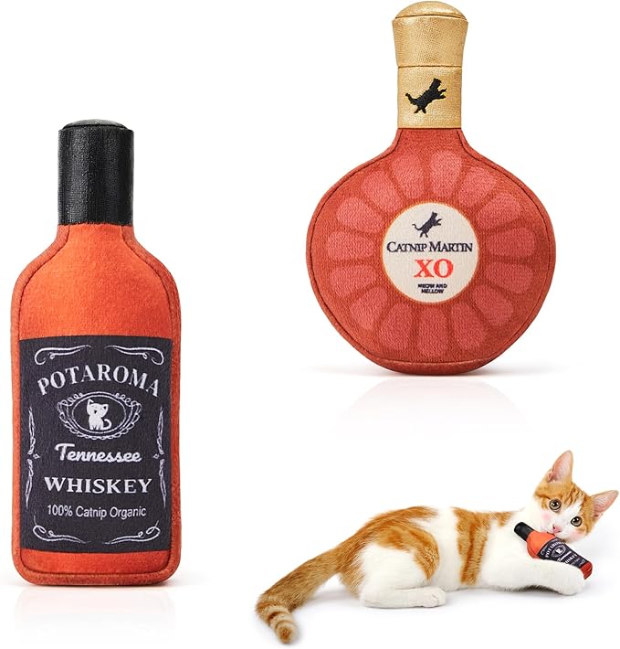 Potaroma Liquor-Simulation Cat Toys 2Pcs Catnip Crinkly Sound Toy, Durable Kitten Bite Kicker Toys, Indoor Feline Exercise 4.5 Inches for All Breeds