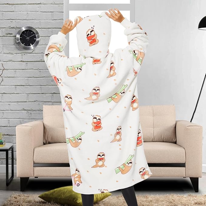 THREE POODLE Wearable Blanket Hoodie, Oversized Long Sherpa Sweatshirt Blanket for Adults Women Men, Warm Cozy Sloth Hooded Blanket, Gifts for Mom Girlfriend