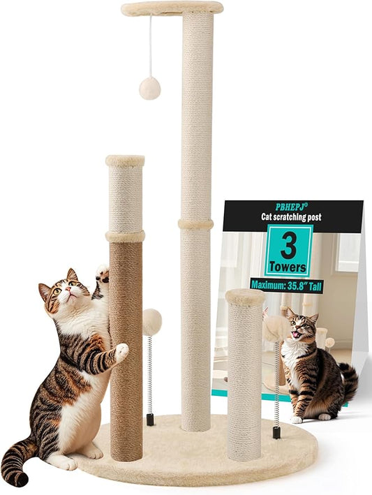 Maximum - 35.8" Tall Cat Scratching Post, 3 Scratcher Posts for Indoor Small and Large Cat, Spring Cat Toy and Hanging Ball, Non Spliced Elliptical Base Plate