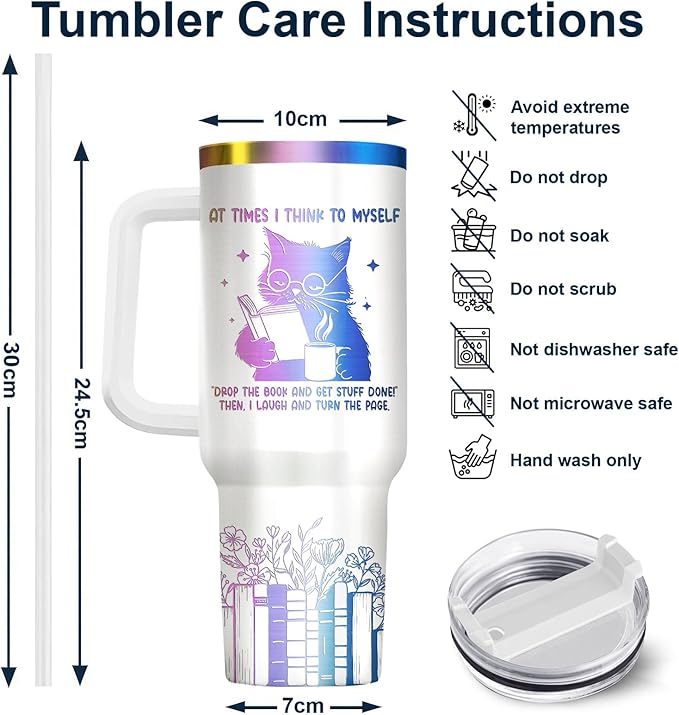 34HD Engraved Cat Mom Tumbler with Handle and Straw, 40oz Cute Gradient Book Cup Stainless Steel, Bookworm Coffee Mug, Cat and Book Birthday Gifts for Women Men Friends