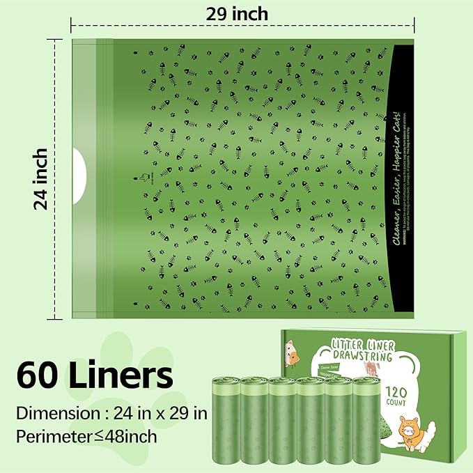 120 Counts Self Cleaning Litter Box Bags with Drawstring, Compatible with Litter-Robot 3 and 4, 24" x 29" Heavy Duty Cat Litter Box Liners Waste Bags Replacement