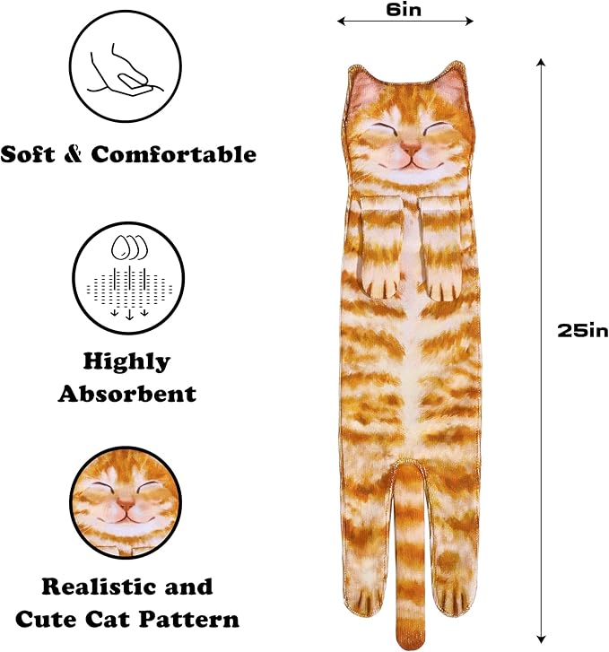 Funny Cat Hand Towels - Decorative Hanging Washcloths & Face Towels - Super Absorbent Soft - Mothers Day & Birthday Gifts for Women Cat Lovers - Orange