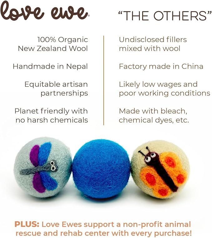 Hustle & Blush Wool Felt Balls 3 Pack Love Ewe Pet Supplies 2" Felted Wool Cat Toys 100% New Zealand Wool Felt Cat Toys Handmade Wool Felt Balls, Colorful Wool Balls for Cats - Dragonfly and Butterfly