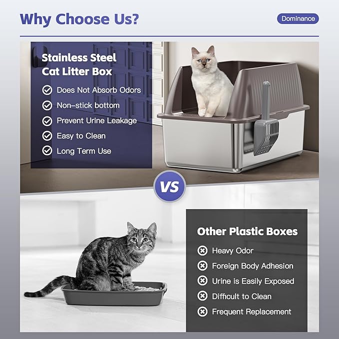 15" XL Stainless Steel Litter Box for Cats, Enclosed Metal Litter Box with Lid, Extra Large Kitty Litter Box with High Sides for High Peeing Cat, Easy to Clean, Non-Sticky, Including Scoop