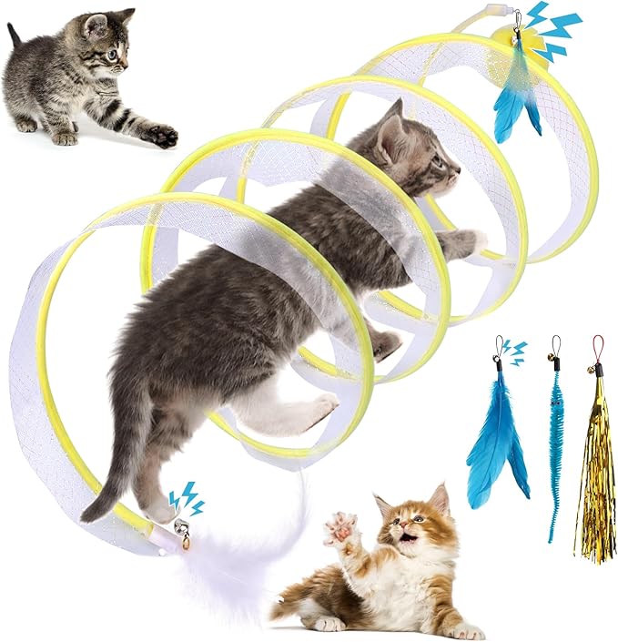 BUSOHA 4 in 1 Cat Tunnels for Indoor Cats, Assumption Cat Tunnel, Foldable Cat Spring Toy, Cat Interactive Toys, Replacement Cat Feather Toy
