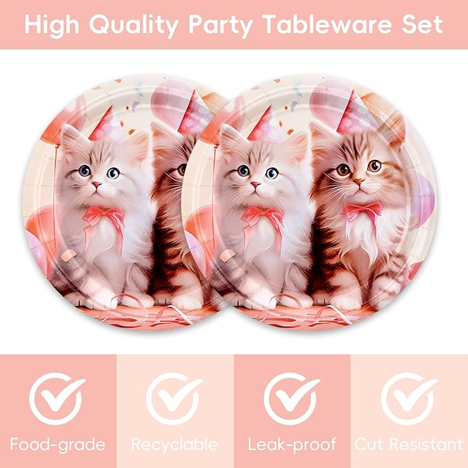 48Pcs Pink Cat Happy Birthday Party Decorations Kitten Cat Birthday Baby Shower Forks Plates and Napkins Set Party Decorations for Women Party Supplies Serve 16