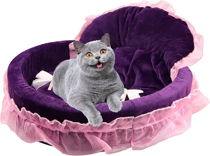 Pet Sleeping Bed for Small Dogs Cats Girl, Cozy Warm Dog Round Bed Lace Princess House with Soft Cushion, Self Warming Cat Sleep Beds Washable Pets Bedding for Indoor Kitten Puppy Girls