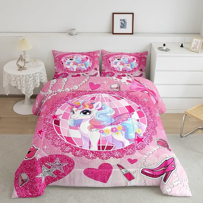 Cartoon Unicorn Kids Comforter Set Full Size,Bowknot High-heeled Shoes Lip Romantic Bedding Set,Girls Women Room Decor,Stars Sparkling Princess Down Comforter,Pink Cute Duvet Insert,2 Pillowcases
