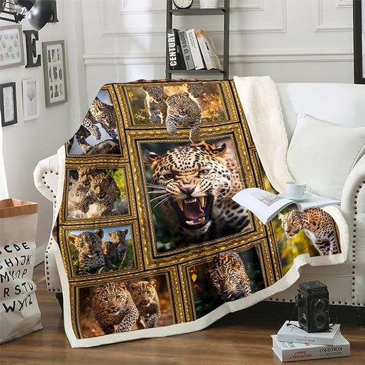 Feelyou Kids Leopard Fleece Throw Blanket Throw 50"x60" Safari Cheetah Print Plaid Sherpa Blanket for Bed Sofa Couch Wild Animal Theme Pattern Plush Blanket Women Men Fuzzy Blanket