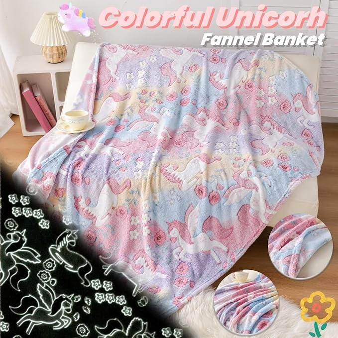 2025 Best Unicorns Gifts Glow in The Dark Blanket for Boys & Girls, Cozy Soft Fluffy Unicorn Flower Girls Throw Blanket, Kids Blanket with Storage Bag, 60x50, Red