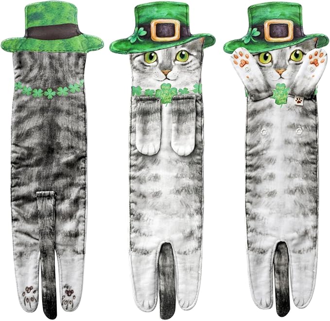 Funny St Patricks Day Cat Hand Towels for Bathroom Kitchen - Cute Green Shamrock Decorative Cat Decor Hanging Towels Super Absorbent Soft - Housewarming Birthday Gift for Women Cat Lovers - Grey
