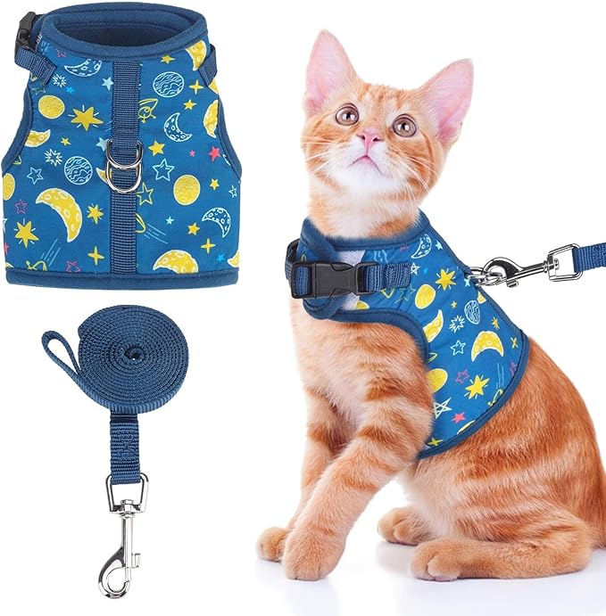 BINGPET Cat Harness with Leash Escape Proof - Fashionable Mesh Cat Dog Walking Harness Leads, Adjustable for Kitties Puppies Small Animals,Galaxy,S