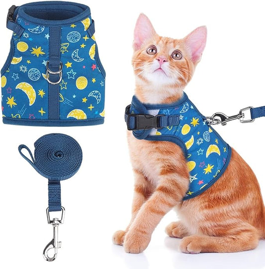 BINGPET Cat Harness with Leash Escape Proof - Fashionable Mesh Cat Dog Walking Harness Leads, Adjustable for Kitties Puppies Small Animals,Galaxy,S