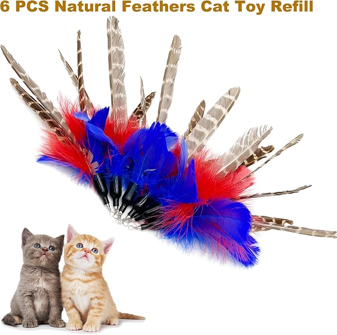 Cat Feather Toys Refills Cat Wand Replacement, 6 PCS Handmade Natural Da Bird Feathers Refill, Cat Toy Feather Replacement for Indoor Cats (A)