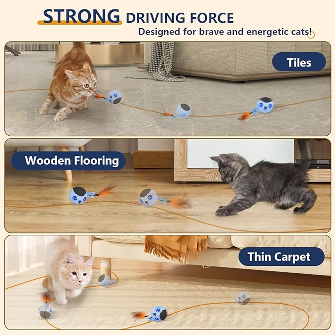 ORSDA Cat Toys, Interactive Cat Toys for Indoor Cats Automatic Moving Ball Bird for Bored Indoor Adult Cat Kitten Toys Ball, Motion Activated Fast Moving Chirping Stimulating Light, 2 Tails (Blue)