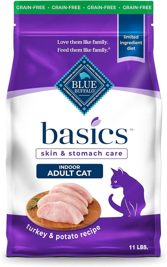 Blue Buffalo Basics Grain-Free Dry Cat Food, Skin & Stomach Care, Limited Ingredient Diet for Indoor Cats, Turkey & Potato Recipe, 11-lb. Bag
