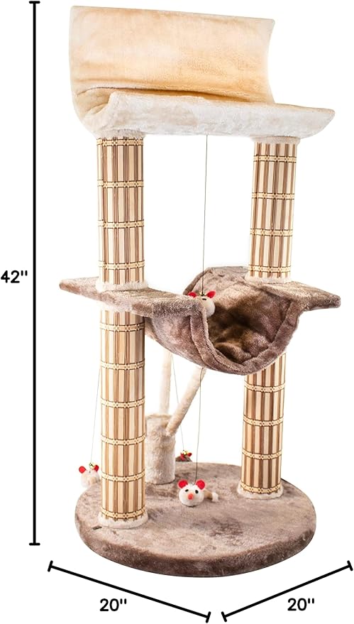 PENN-PLAX Two Story Cat Tree – Decorative, Multileveled, and Playful – Includes Soft Plush Perches, Bamboo Scratching Posts, and Mouse Toys – 42” Height