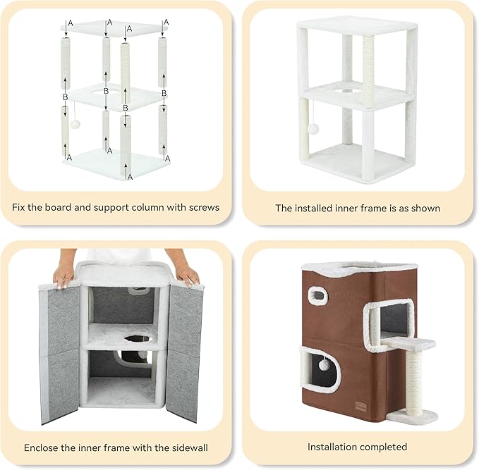 YIATHOME 2-Tier Cat House, Cat Beds for Indoor Cats, Small Cat Condo with Scratch Post, Hideaway Cave, Climbing Stand, Modern Cat Cube Playhouse for Multi Kittens, Brown