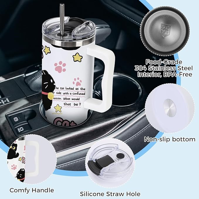 40 oz Tumbler with Handle and Lid, Cat Lover Gift for Women, Stainless Steel Coffee Mug Cat Cup with Handle Christmas Birthday Gift for Mom Wife Girls Insulated Tumbler
