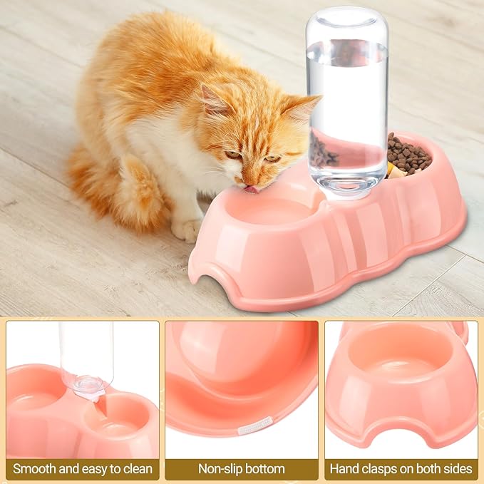 7 Pcs Small Cat Kitten Starter Kit Cat Litter Box with Shovel Cat Paw Litter Mat Double Automatic Cat Bowls Cat Toy Teaser Stick Cat Collar Small Cat Essentials Kits for 1-3 Lbs Beginner(Pink)
