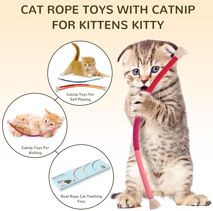 Retro Shaw Cat Toys Chew Rope,3 Pack Catnip Cat Rope Toy for Indoor Kittens,Safe String Cat Teeth Cleaning Toy,Interactive Cat Nip Cat Kicker Toy 23.6 Inches