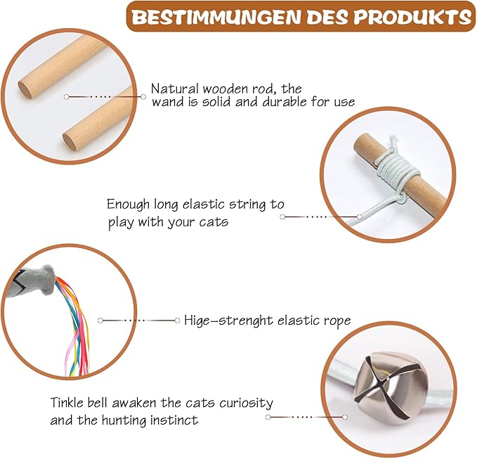 Fashion&cool Cat Wand Toy, 3pcs 16 Inch Natural Wooden Cat Teaser Wand with 5 Pcs Silvervine Sticks for Cat, Interactive Elastic String Cat Stick Pole Toy for Indoor Cats