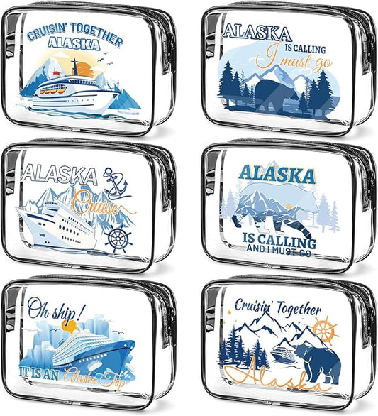 6 Pcs Clear Alaska Makeup Bags Gifts for Women, Beach Cruise Cosmetic Bag,Alaska Cruise Essentials, Travel PVC Waterproof Toiletry Bags for Girls Sister Daughter Nurse Teacher