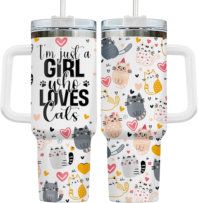 34HD Just A Girl Who Loves Cats Tumbler with Handle and Straw, 40oz Stainless Steel Vacuum Insulated Coffee Mug with Cats, Cat Mom Gifts for Women Birthday Mothers Day Christmas