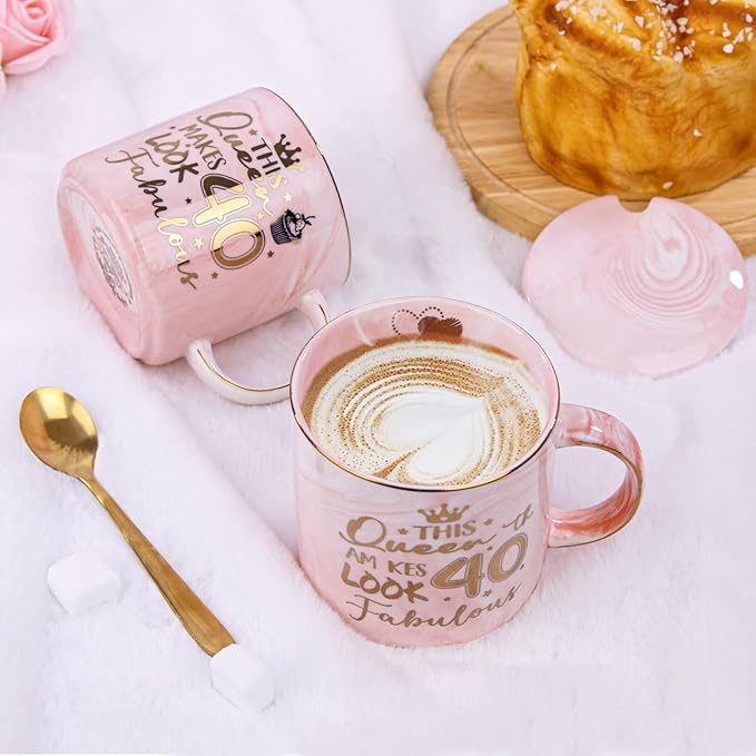 40th Birthday Gifts Women - 14oz Fabulous Pink Coffee Mug with Gold Pattern - Unique 40th Birthday Gift Ideas for Mom Sister Aunt Coworker Best Friend, Happy 40 Years Old birthday gifts, Gift Boxed.