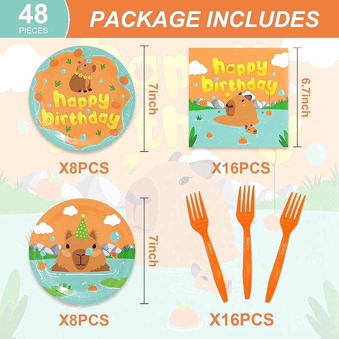 48Pcs Kapybara Birthday Party Supplies Cartoon Animal Theme Tableware Set Plates and Napkins Forks Serves 16 Guests Cute Capy Baby Shower Birthday Party Decorations