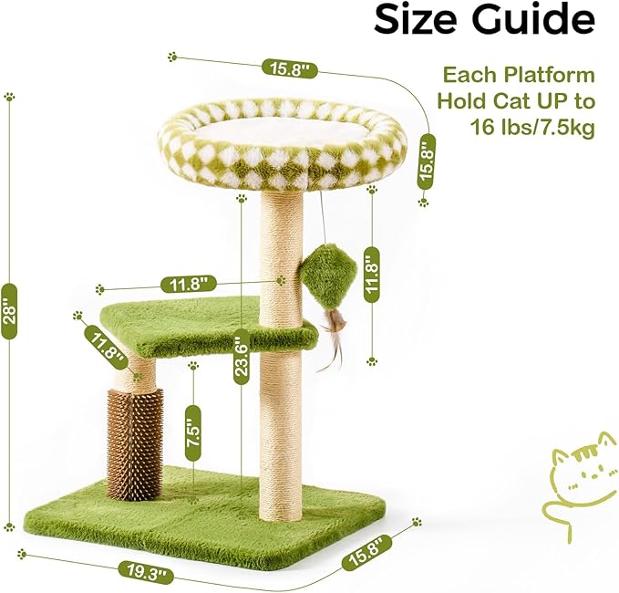 Mewoo Small Cat Tree Tower, Cat Tower with Scratching Post, Cat Trees with Removable Cat Perch for Indoor Cats Large Adult, Cute Cat Tree with Interactive Cat Toys for Kittens (Green, Large)