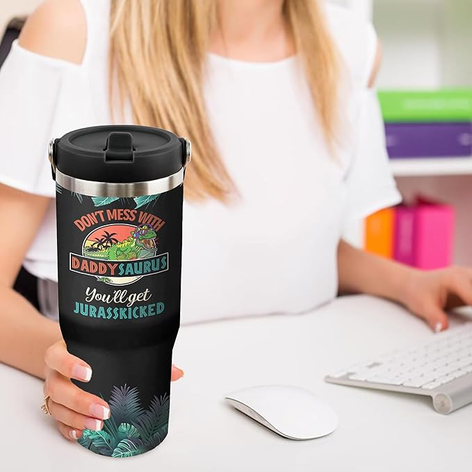 30 Oz Papasaurus Tumbler with Handle and Straw, Daddy Cup Insulated Best Daddy Mug, Double Wall Stainless Steel Dadasaurus Cup, 30 Oz Leak Proof Daddy Mug and Travel Mugs for Dad Gifts