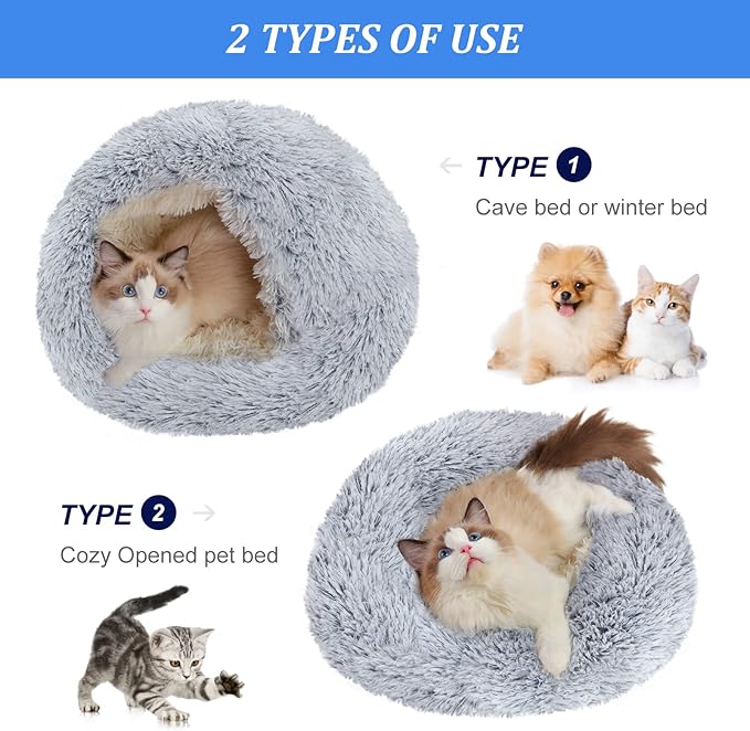 Deblue Soft Cat Beds for Indoor Cats, Round Fluffy Warm Cat Beds with Hooded Cover, Washable Calming Cozy Plush Pet Bed for Anxiety Cats and Puppies - Dia 20"