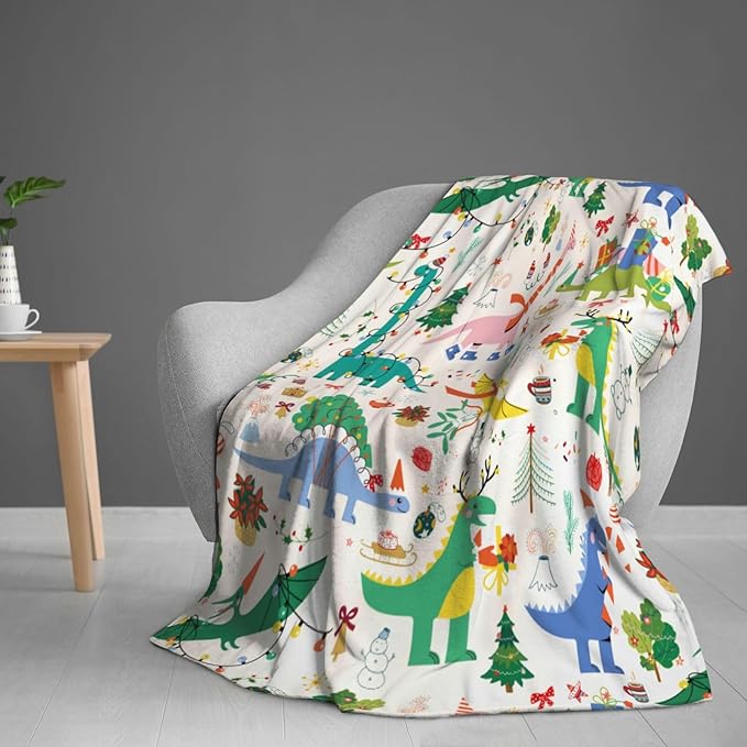 Kids Christmas Cute Dinosaur Print Blanket Throw 50"x40", Cozy Lightweight Plush Flannel Blanket, Soft Warm Decorative for Kids Women