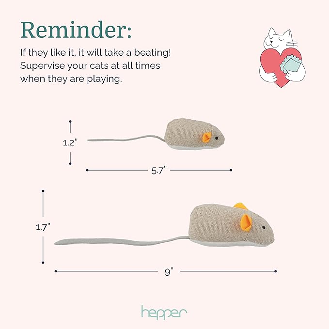 Hepper Catnip Mice Toy Set - Flax: Premium Catnip-Infused Mice Cat Toys for Endless Play, Multi-Textured Flax Fabric Ideal for Quiet Self-Play - 2 pcs Pet Toys for Cats for Kicking & Tossing
