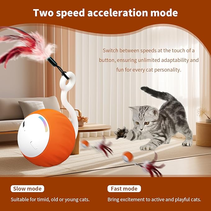 Cat Balls Interactive Cat Toys for Indoor Cats 6-in-1 Rollie Pet Smart Cat Toy Ball Speedy Tail Cat Toy Mouse LED Rainbow Lights Feathers USB Charging, Touch Control and Sound Control (Orange)