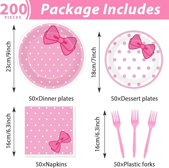 200 PCS Pink Cat Party Supplies Cute Cat Birthday Paper Plates and Napkins Tableware Set Cats Dinner Dinner Dessert Plates Decorations for Birthday Baby Shower Cute Bow Party Favors for 50 Guests