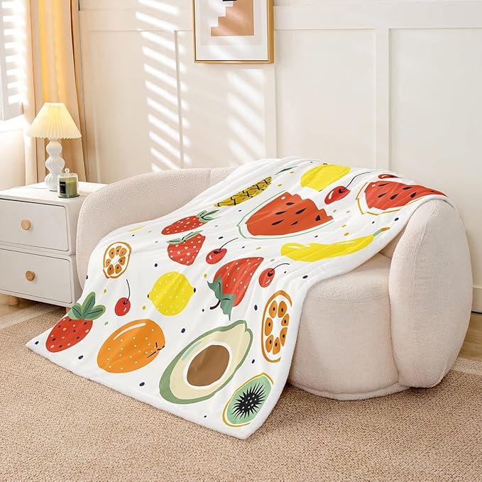 Tropical Fruit Print Fleece Throw Blanket Lemon Pineapple Watermelon Sherpa Blanket for Sofa Couch Bed Summer Vacation Style Plush Blanket Fresh Vibrant Fuzzy Blanket Bedroom Decor Queen 90x90 Inch