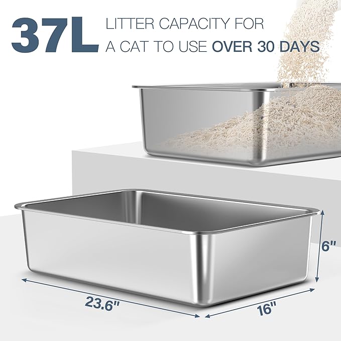 1Pack 23.6" x 16" x 6" Deep&Extra Large Stainless Steel Cat Litter Box, High Sides Metal Cat Litter Box for Multi-Cats Big Cats XL Metal Litter Pan Tray, Non-Sticky, Easy Cleaning