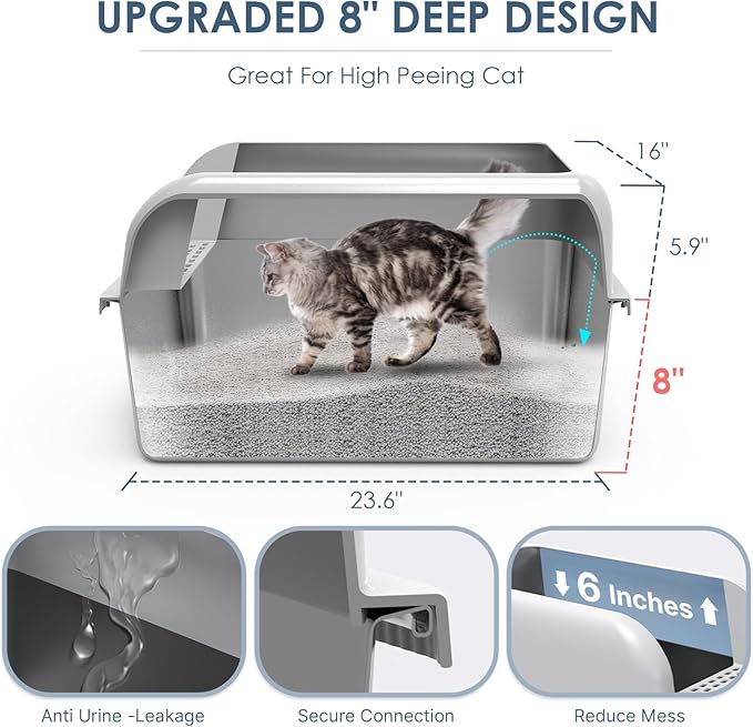 2 Pack 8" Deep Stainless Steel Litter Box with Lid, Extra Large Stainless Steel Cat Litter Box for Multipul Cats, Metal Litter Box with Anti-Leakage High Wall, Deep Litter Pan Easy Cleaning