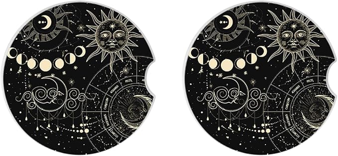Absorbent Car Coasters 2 Pack for Cup Holders, 2.56" Ceramic Stone & Non-Scratch Cork Base Drink Coasters(Moon and Sun)
