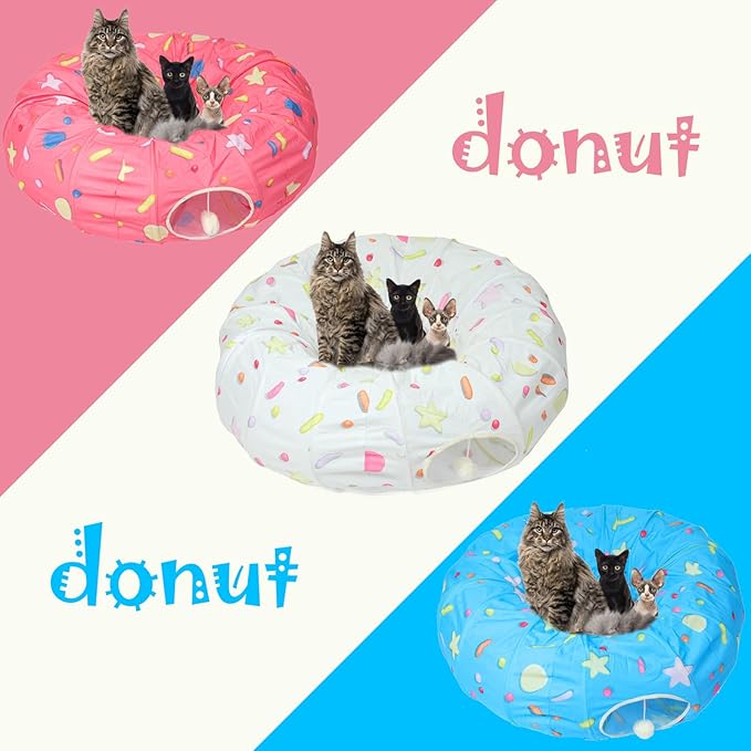 LUCKITTY Large Cat Donut Tunnel, Big Cat Tunnel Bed,Fluffy Toy Balls, Small Cushion and Flexible Design- 12 inch Diameter, Great for Cats, and Small Dogs,Cream