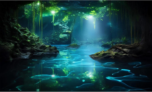 Cave Aquarium Background Underwater Cave with Light Beam Tranquil Stream Terrarium Background Mysterious Elegant Fantasy Tropical Plants Fish Tank Backdrop Wallpaper Poster Decorations Vinyl 48x24in