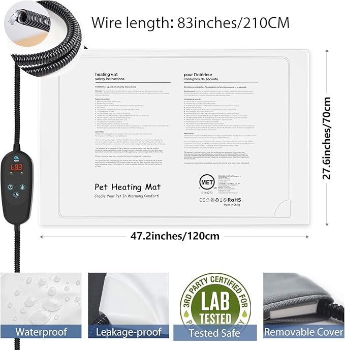 PETNF Pet Heating Pad Temperature Adjustment Heated Dog Pad Anti-bite Puppy Heating Pad with Timer Cat Heating Pad Indoor Waterproof Pet Warming Pad Electric Heated Bed Mat for Small/Medium/Large Dog